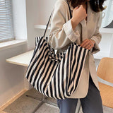 Xpoko Women's Tote Bag Striped Canvas Casual Handbags for Women 2023 Simple Shopping Large Capacity Woman Shopper School Shoulder Bag
