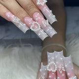 Xpoko 24Pcs Extra Long Ballet False Nails with frog print strawberry Designs Wearable Pink French Press on Nails Acrylic Fake Nail Tip