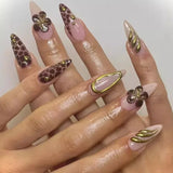 Xpoko 24pcs Leopard Print Fake Nails with Glue Almond Acrylic Press on False Nails Gold Lines French Nail Tips Sweet Cool Autumn Nails