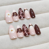 Xpoko 24pcs Autumn Brown French Fake Nails Sweet Cool Wearing False Nails Wearable Full Cover Leopard Print Almond Press on Nails