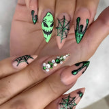 Xpoko New Halloween Fake Nails Patch Black Almond/Coffin Head Artificial Nail Tips Pumpkin Spider Ghost Printed Press on Nail for Girl