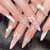 Xpoko 24pcs Pink Almond False Nail Strawberry 3D Love Design Nails Fake Press on Acyrlic Nails Wearable Ballerina Full Over Nail Tips