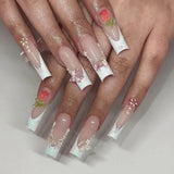 Xpoko 24Pcs Extra Long Ballet False Nails with frog print strawberry Designs Wearable Pink French Press on Nails Acrylic Fake Nail Tip