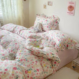 Xpoko Cute Floral Duvet Cover Set Ins Korean Style with Flat Sheet Pillowcase No filler Washed Cotton Queen Full Twin Home Bed Linen