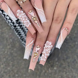 Xpoko 24Pcs White French False Nails Long Ballet Fake Nail with Pearl Bow Flower Design Press on Nails Pink Wearable Square Nails Set