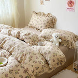 Xpoko Cute Floral Duvet Cover Set Ins Korean Style with Flat Sheet Pillowcase No filler Washed Cotton Queen Full Twin Home Bed Linen