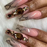 Xpoko 24Pcs Long Coffin False Nails with Glue Yellow Snake Rhinestone Design Wearable Ballet Press on Nails Full Cover Fake Nail Tips