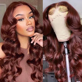Xpoko Copper Red Brown Wavy Synthetic Lace 13X1 T Part Wigs For Women Reddish Brown Long Body Wave Pre Plucked With Baby Hair Fiber