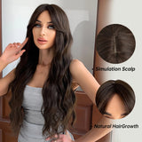 Xpoko Dark Brown Long Water Wave Wig for Black Women Natural Looking Synthetic Wigs with Bangs Party Daily High Temperature