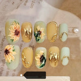 Xpoko Sunflower Design Press-On Nails | Hand Painted Premium Reusable Nails | Glamor Fake Nails | Summer Nail Manicure