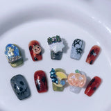 Xpoko 10pcs Halloween Press on Nails Short Square Pumpkins Skeletons Fake Nails with Glue Cute Funny False Nails Full Cover Nail Tips