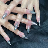 Xpoko 24pcs stiletto Short almond false nails hot girls y2k designs fake nails press on French ballet 3D charms Silver decorated nail