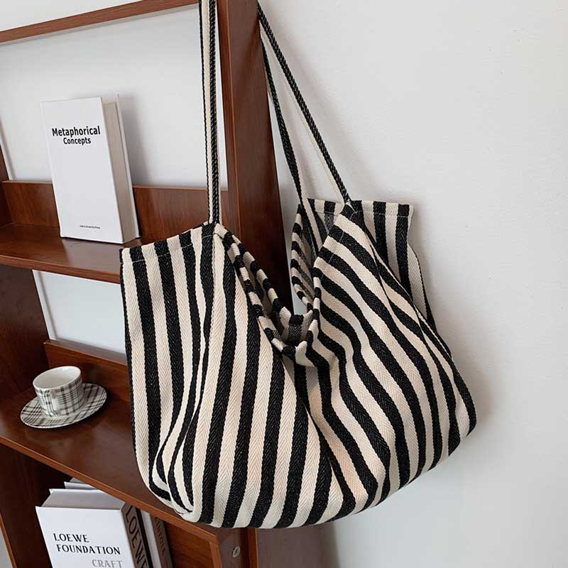 Xpoko Women's Tote Bag Striped Canvas Casual Handbags for Women 2023 Simple Shopping Large Capacity Woman Shopper School Shoulder Bag