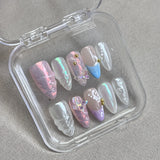 Xpoko 10pcs Handmade Press on Nails 3D Colorful Aurora Butterfly Design Fake Nails Wearable Shiny French Almond False Nails with Box