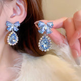 Xpoko Lizakosht Minar Luxury Blue Crystal Rhinestones Bowknot Water Drop Dangle Earrings for Women Bridal Jewelry