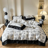 Xpoko Home Textile French Vintage 3/4PC Washed Cotton Black White Ruffle Duvet Cover Flat Sheet With Pillowcase  For Girls Bedding Set