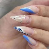 Xpoko 24pcs Long Almond Fake Nails with Blue Ocean Shells Designs Wearable Acrylic Fake Nails with Glue Full Cover French Nails Tips