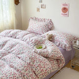 Xpoko Cute Floral Duvet Cover Set Ins Korean Style with Flat Sheet Pillowcase No filler Washed Cotton Queen Full Twin Home Bed Linen