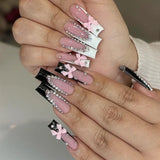 Xpoko 24pcs Square Fake Nails Black Pink Edge French Press on False Nails with Bow Pearl Star Fake Nails Press Ons 3D Waves Nail Tips