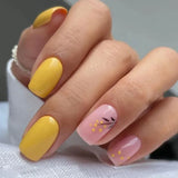 Xpoko 24Pcs Short Square Head Fake Nails Yellow False Nails with Flowers Simple French Tips Wearable Summer Full Cover Press on Nails