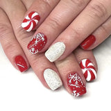 Xpoko 24pcs Christmas Press-On Nails Set - Glossy Red & White Striped Short Square Ballet Fake Nails with Snowflake Design for Women