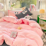 Xpoko Pink Grid Duvet Cover Set Soft Solid Color Flat Sheet Quilt Cover Pillowcase Bed Linen Twin Queen Full Size Simple Bedding Set