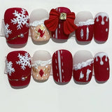 Xpoko 10Pcs Christmas Red Lovely Press on Fake Nails Embossed Snowflake Bow Detachable False Nail Short Square Full Cover Manicure Tip