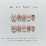 Xpoko 10Pcs Handmade Glitter Pink Press on Nails Short French Fake Nails With Diamonds Full Over Wearable Cute Ballerina Nail Art Tips