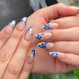 Xpoko 24Pcs Short Round Head Almond Fake Nails with Flowers Grass Pattern Wearable False Nails Tips Summer Full Cover Press on Nails