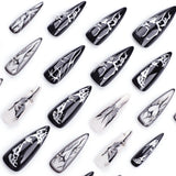 Xpoko 24pcs European Heavy Metal Fake Nails Black Butterfly False Nails Wearable Detachable Punk Style Long Pointed Press on Nail Tips