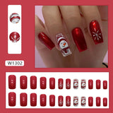 Xpoko 2024 Snowman Christmas Fake Nails Square Head Red Glossy Artificial Nail Patch Snowflake Pattern Press on Nail Tips for Girls