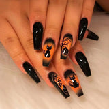 Xpoko New Halloween Fake Nails Patch Black Almond/Coffin Head Artificial Nail Tips Pumpkin Spider Ghost Printed Press on Nail for Girl