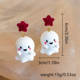 Xpoko Christmas Gifts Cute Resin Ghost Drop Earrings for Women Red Bowknot Star Ghost Earring Christmas Halloween Festival Party Jewelry Accessories