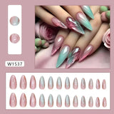 Xpoko 24Pcs Long Stiletto Press on Nails Box Acrylic False Nails with Almond Designs Black Gold Foil French Full Cover Fake Nail Tips