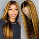 Xpoko Honey Blonde Highlight Wig Synthetic Lace Wigs T Part Brown Straight Pre Plucked Colored Ash Blonde Wig Heat Resistant Fiber