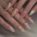 Xpoko 24Pcs Short Round Head Almond Fake Nails with Flowers Grass Pattern Wearable False Nails Tips Summer Full Cover Press on Nails