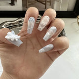 Xpoko 10pcs Luxury Handmade Press On Nails, Haze Blue Medium Coffin Fake Nails With 3D Angel, Rose And Bow Design