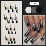 Xpoko 24Pcs Long Blue Mermaid False Nails With 3D Charm Rhinestone Design Full Over Coffin Nails Press on French Tips Fake Nails Art