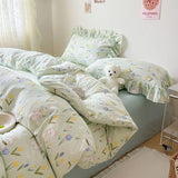 Xpoko Cute Floral Duvet Cover Set Ins Korean Style with Flat Sheet Pillowcase No filler Washed Cotton Queen Full Twin Home Bed Linen