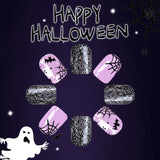 Xpoko 24pcs Purple Halloween Nail Art Set-Short Square Press-On Nails with Ghost Bat Spider Web Designs Fake Nails for Women and Girls