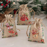 Xpoko 6pcs Christmas Linen Burlap Bag Snowman Gingerbread Man Bell Drawstring Gift Bags Candy Storage Bags Xmas Supplies New Year 2024