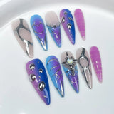 Xpoko 10pcs detachable Long stiletto almond false nails aurora sweet cool fake nails with 3D butterfly love full cover press on nails