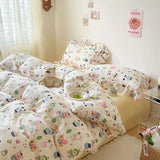 Xpoko Cute Floral Duvet Cover Set Ins Korean Style with Flat Sheet Pillowcase No filler Washed Cotton Queen Full Twin Home Bed Linen