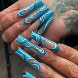 Xpoko 24Pcs Long Blue Mermaid False Nails With 3D Charm Rhinestone Design Full Over Coffin Nails Press on French Tips Fake Nails Art