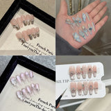 Xpoko 10Pcs Blue Handmade acrylic Nails Set Press on Professional Full Cover Nail Tips Manicure Angel Rose Design Wearable False Nails