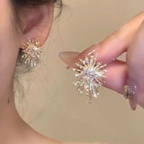 Xpoko Christmas Gifts Temperament Beautiful Firework Stud Earrings for Women Korean Imitation Pearl Rhinestone Snowflake Earring Girls Party Jewelry