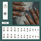 Xpoko 24Pcs Cool y2k False Nails Green Star Printed Design Almond Fake Nail Patch for Girl Wearable Ins Artificial nails Free Shipping