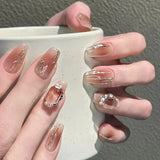 Xpoko 24pcs Beige Crystal Fake Nail Patch Cat Eye Aurora False Nails Fashion Cateye Short Press on Nail Tips Wearable Full Cover