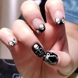 Xpoko New Halloween Fake Nails Patch Black Almond/Coffin Head Artificial Nail Tips Pumpkin Spider Ghost Printed Press on Nail for Girl