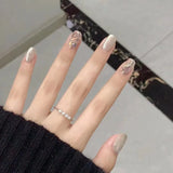 Xpoko 24pcs Beige Crystal Fake Nail Patch Cat Eye Aurora False Nails Fashion Cateye Short Press on Nail Tips Wearable Full Cover